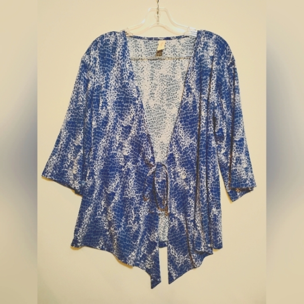 Blue & White Leapard Spots Prints Kimono Cardigan S HUE(R) Polyester Spandex
